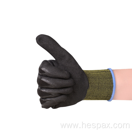 Hespax EN388 Black Polyester Sandy Foam Nitrile Gloves
